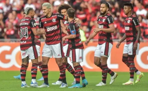 Thiago Ribeiro/AGIF/ Flamengo comemorando gol contra o Goiás.
