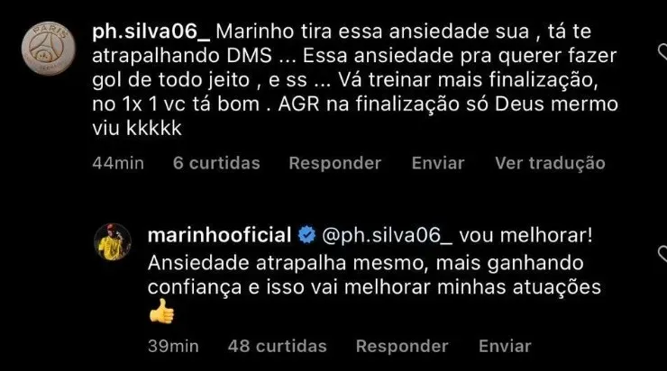 Marinho respondeu um torcedor e afirmou que dará a volta por cima no Flamengo. Foto: Reprodução/ Instagram