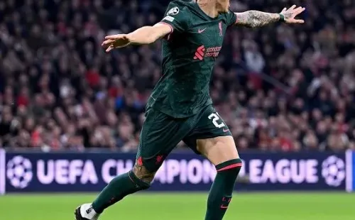 Andrew Powell/Liverpool FC/Getty Images – Darwin Nunez comemorando gol contra Ajax