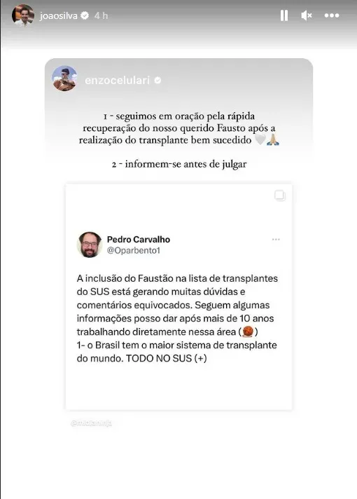 João Guilherme Silva reposta mensagem sobre transplante de Faustão – Foto: Instagram @joaosilva