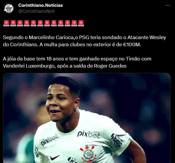 Lyon busca informações por compra de Wesley, do Corinthians