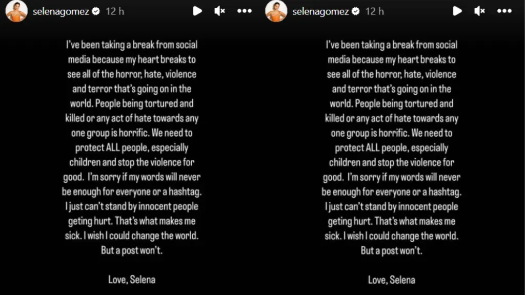 Pronunciamento de Selena Gomez sobre afastamento das redes. Foto: reprodução/Instagram