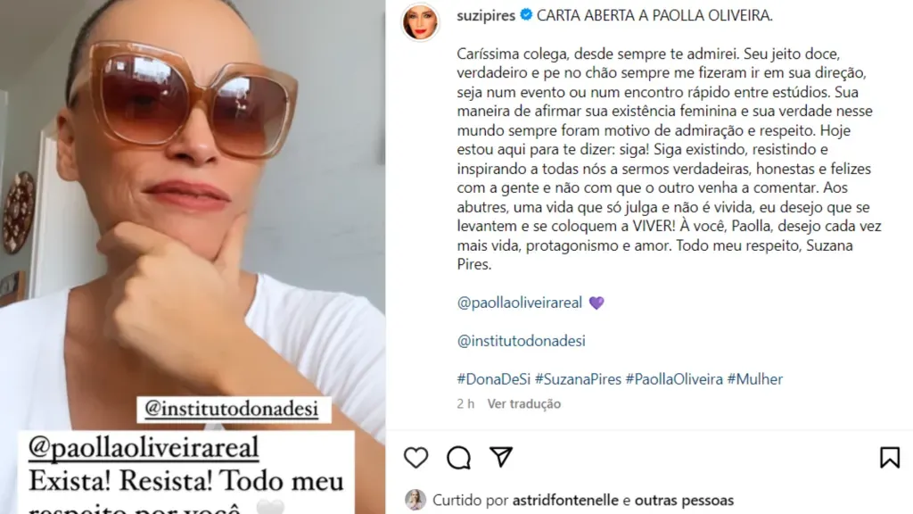 Suzana Pires em carta aberta para Paolla Oliveira. Reprodução/Instagram