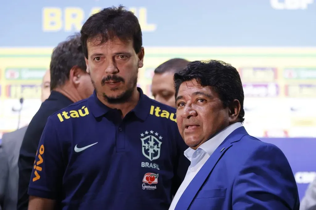 RIO DE JANEIRO, BRAZIL – AUGUST 18: Coach of Brazil Fernando Diniz and Ednaldo Rodrigues President of CBF attend a press conference to announce the squad for the first two rounds of the FIFA World Cup 2026 qualifiers on August 18, 2023 in Rio de Janeiro, Brazil. (Photo by Wagner Meier/Getty Images)