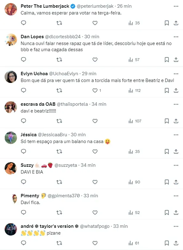 Internautas comentam sobre paredão entre Beatriz, Davi e Pizane - Foto: Globo