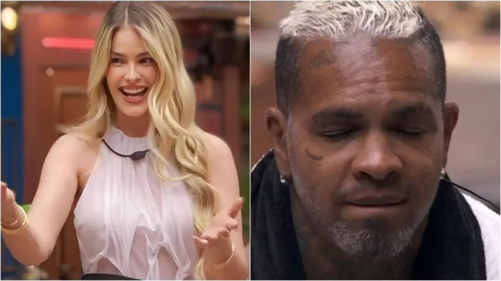 Foto 1: Yasmin Brunet à (esquerda) - Foto 2: Rodriguinho à (direita) - Reproduções/ Rede Globo