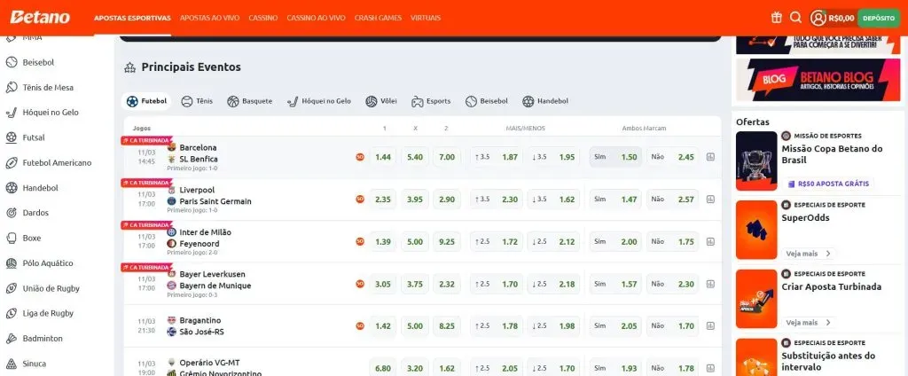 Captura de tela do site oficial da Betano mostrando apostas com Super Odds.