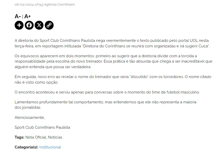 Nota oficial do Corinthians divulgado no site do Clube. Foto: Site Corinthians