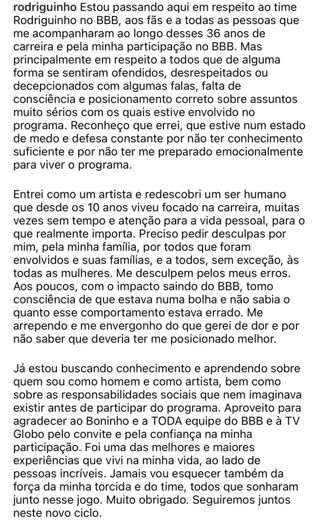 Texto de Rodriguinho – Reprodução/Instagram de Rodriguinho