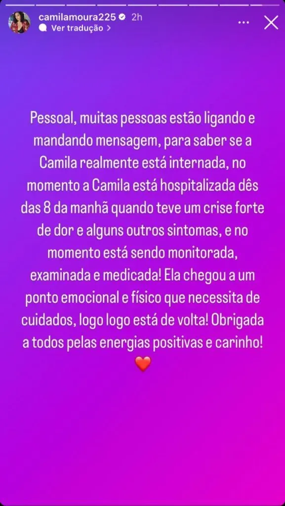 Nota publicada no perfil de Camila Moura no Instagram (@camilamoura225)