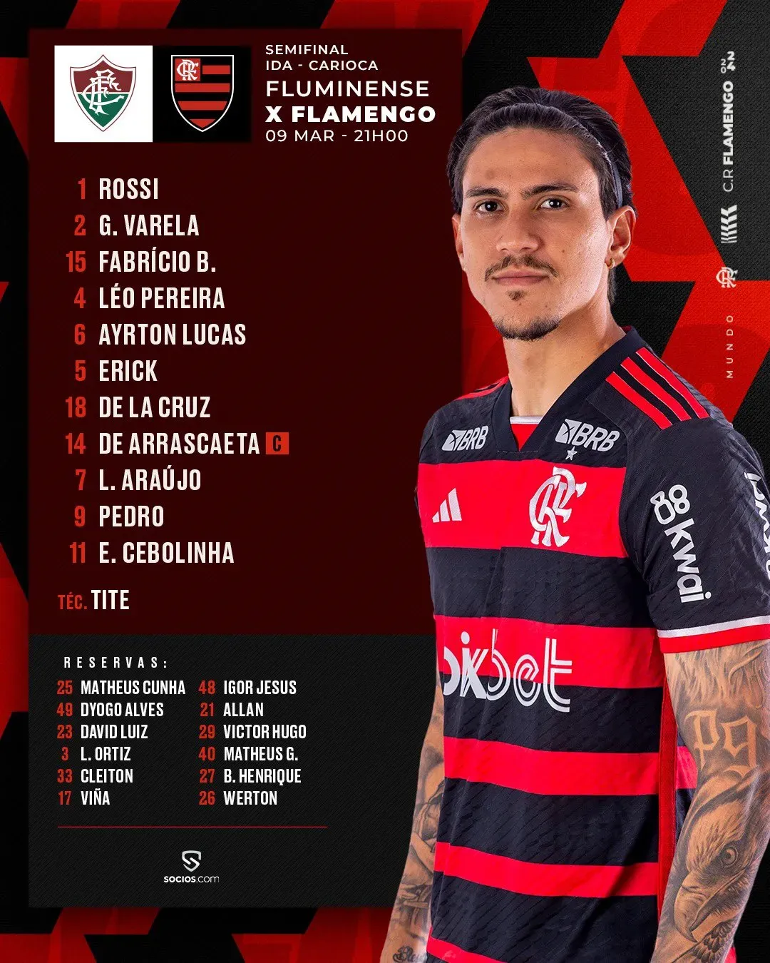 Escalação do Flamengo. Foto: rede social X / Flamengo