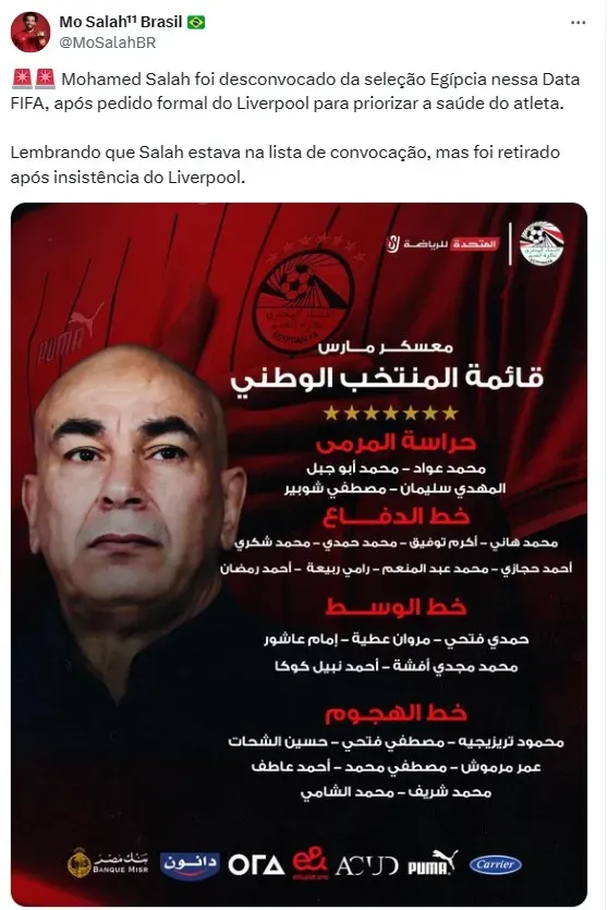 Salah foi desconvocado da Seleção do Egito
