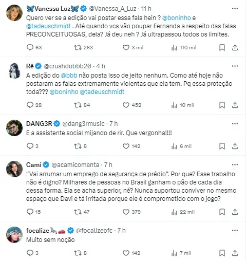 Internautas comentam sobre fala de Fernanda sobre Davi – Foto: Twitter