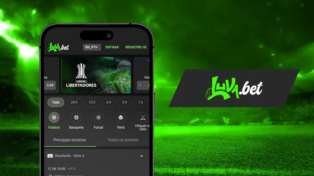Imagem gráfica de divulgação da versão móvel da Luva.bet. Do lado esquerdo, smartphone com o site da casa aberto na tela, ao lado direito, o logotipo da casa, em tons de verde, branco e preto.