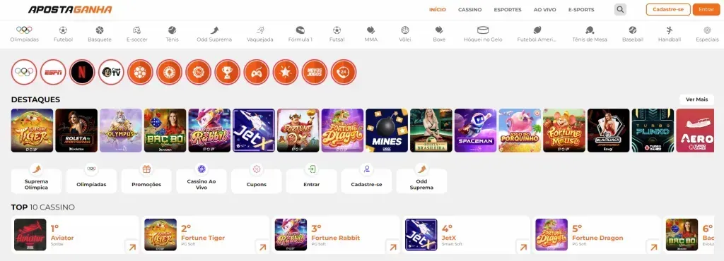 Captura de tela do site Aposta Ganha mostrando os Destaques e os TOP 10 Cassino