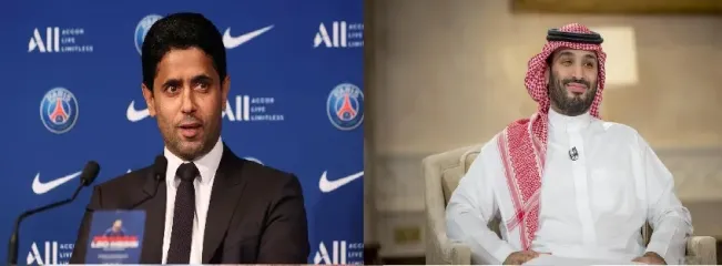 Nasser Al-Khelaïfi, presidente do PSG e princípe herdeiro saudita, Mohammed bin Salman, dono do New Castle são os interessados no clube santista – Foto: Sebastien Muylaert/Getty Images ; AFP / SAUDI ROYAL PALACE