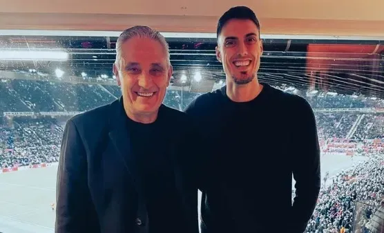 Tite ao lado de Matheus Bacchi, filho e auxiliar técnico, no Santiago Bernabéu, em Madri. Foto: Reprodução/Instagram