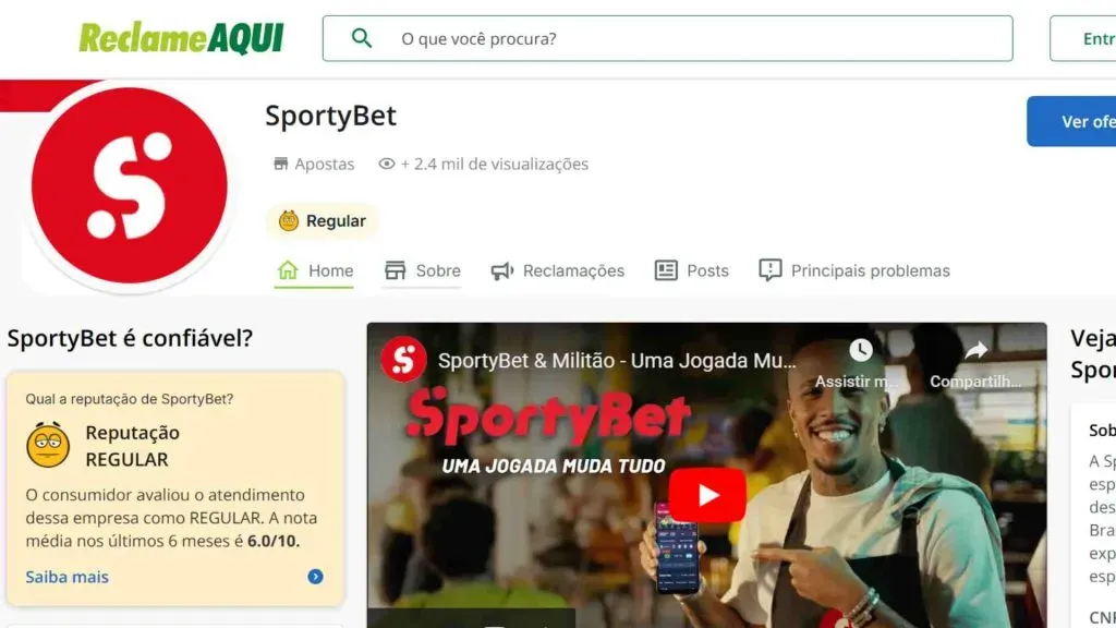 Reputação da Sportybet no Reclame Aqui é regular