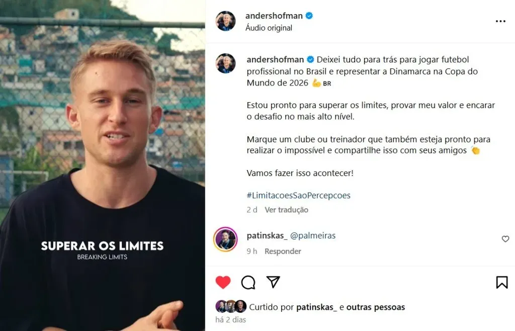 Mensagem de Anders em sua rede social direcionada a seus fãs em busca de uma oportunidade para atuar no futebol profissional. Foto: Print Instagram/Instagram/@andershofman