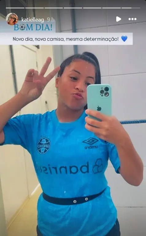 Print do Story do Instagram de Katiele, novo reforço das Gurias Gremistas, que já foi integrada a equipe e passou por treinos com as novas companheiras. Foto: Divulgação redes sociais/@katielleag