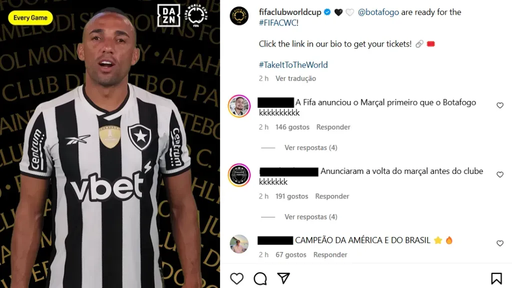 Post da FIFA no qual Marçal aparece vestindo a camisa do Botafogo. Foto: Reprodução.