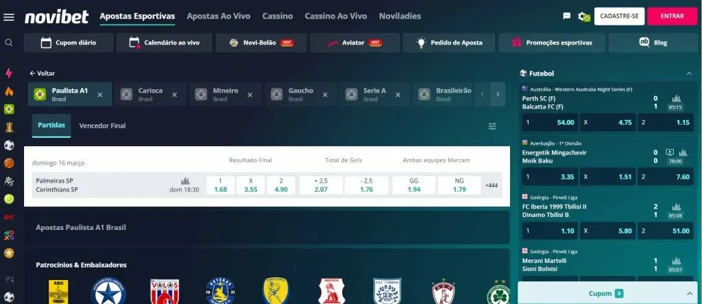 Captura de tela da página inicial do site oficial da Novibet.