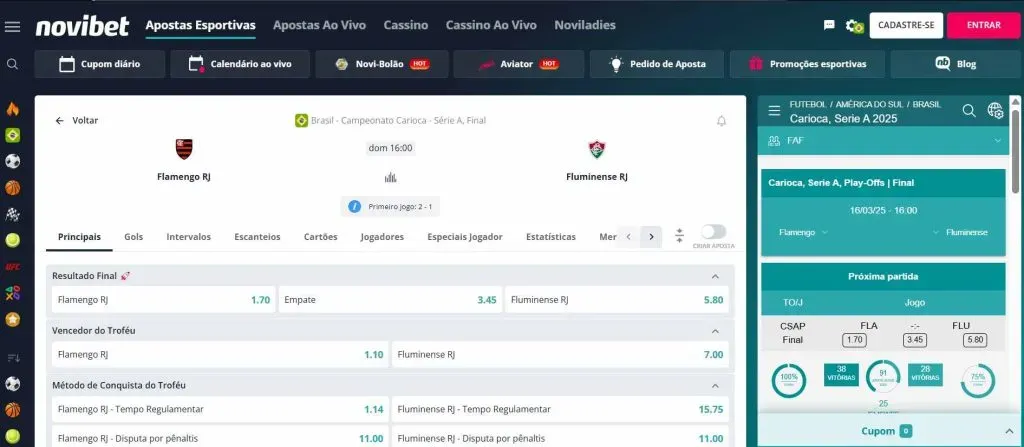 Captura de tela do site oficial da Novibet indicando os mercados de apostas para o jogo Flamengo x Fluminense