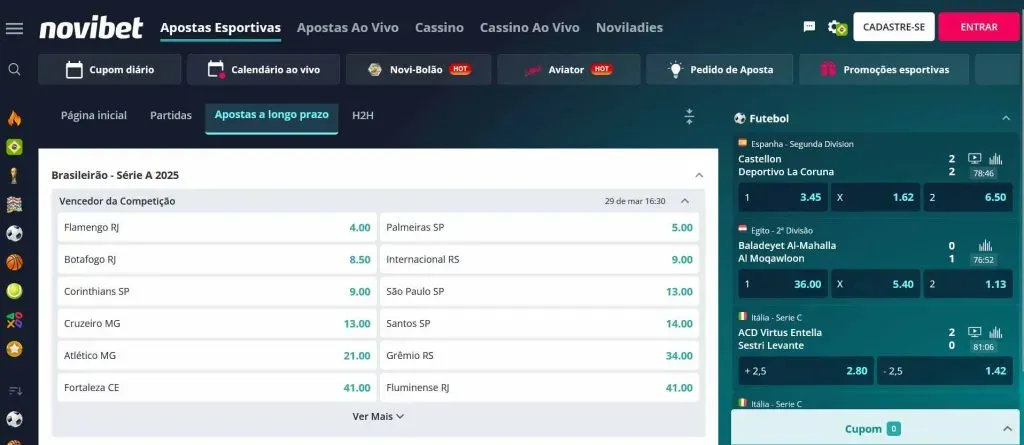 Captura de tela do site oficial da Novibet apresentando as odds para apostas no Campeão Brasileiro de 2025.