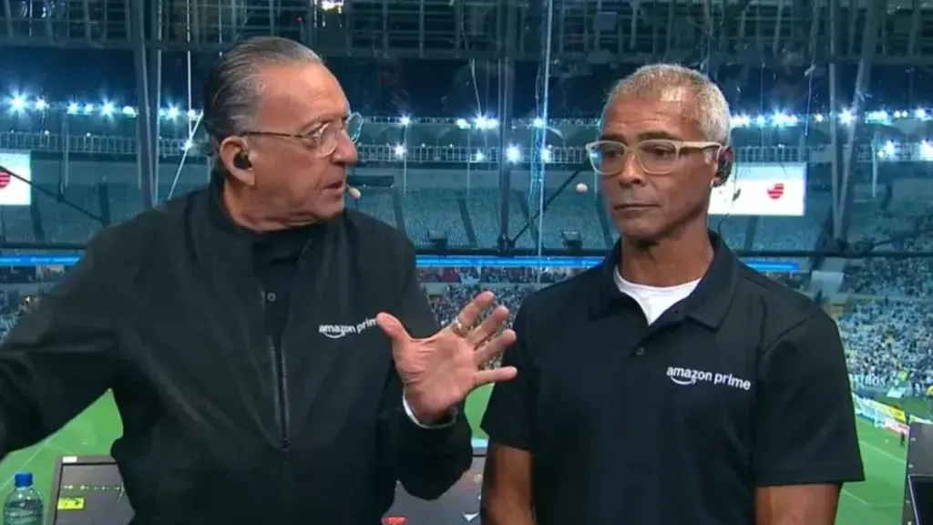 Romário e Galvão Bueno durante transmissão do Clássico dos Milhões – Foto: Reprodução/Amazon Prime