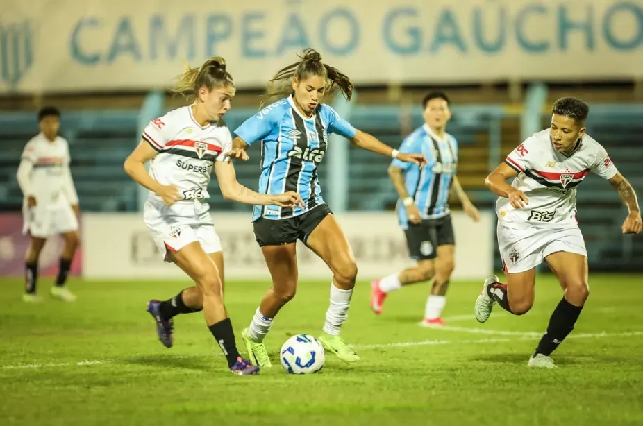 Lance da partida Grêmio x São Paulo no Estádio do Vale, válida pelo Brasileirão Feminino 2025 Foto: Caroline Motta/GRÊMIO FBPA