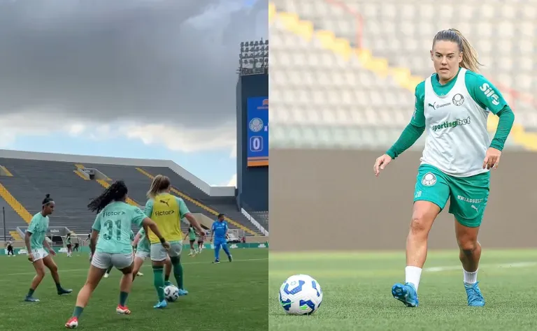 Elenco das Palestrinas e Andressinha durante aquecimento para confronto na Arena Barueri diante da Ferroviária neste sábado. Foto: Paloma Cassinao/Palmeiras