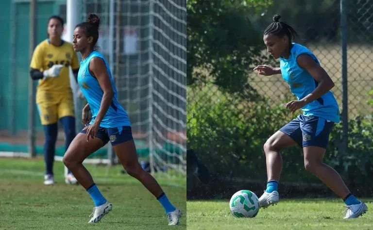 Tayla e Dani Barão durante treino coletivo. Foto: Caroline Motta e Caroline Martins / Grêmio FBPA