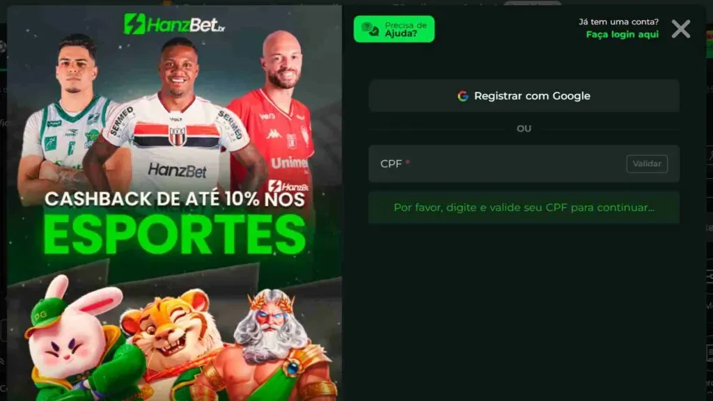 Captura de tela do site oficial da HanzBet na área de registro