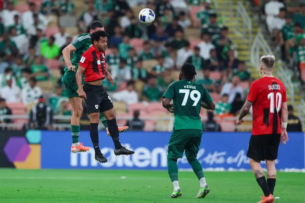 JEDDAH, SAUDI ARABIA – MARCH 11: Romarinho of Al Rayyan battling for the ball during the AFC Champions League Elite Round of 16 second leg match between Al-Ahli and Al-Rayyan at King Abdullah Sports City Stadium on March 11, 2025 in Jeddah, Saudi Arabia. (Photo by Yasser Bakhsh/Getty Images)