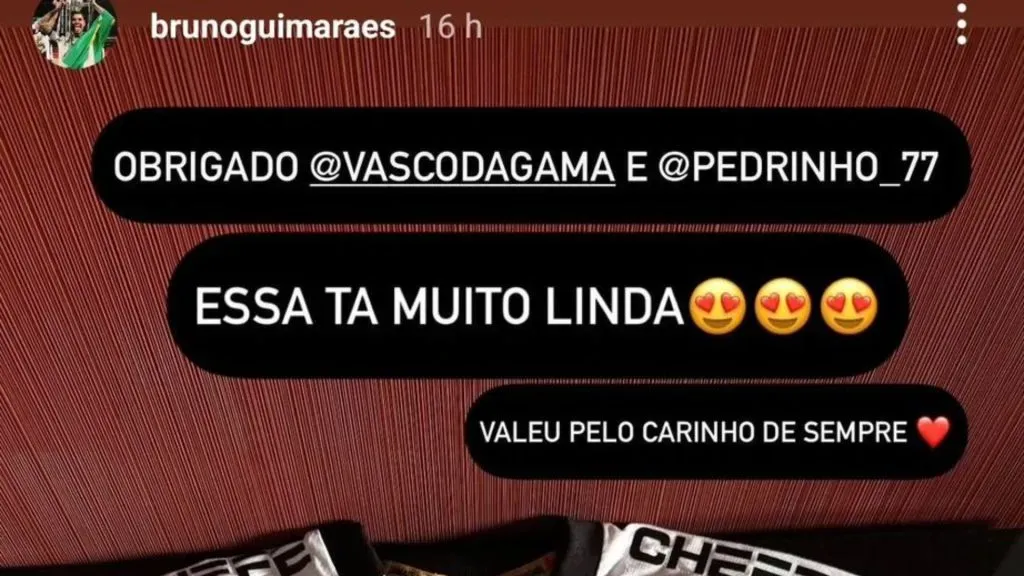 Bruno Guimarães rasga elogios a camisa do Vasco – Foto: Reprodução/Instagram Bruno Guimarães