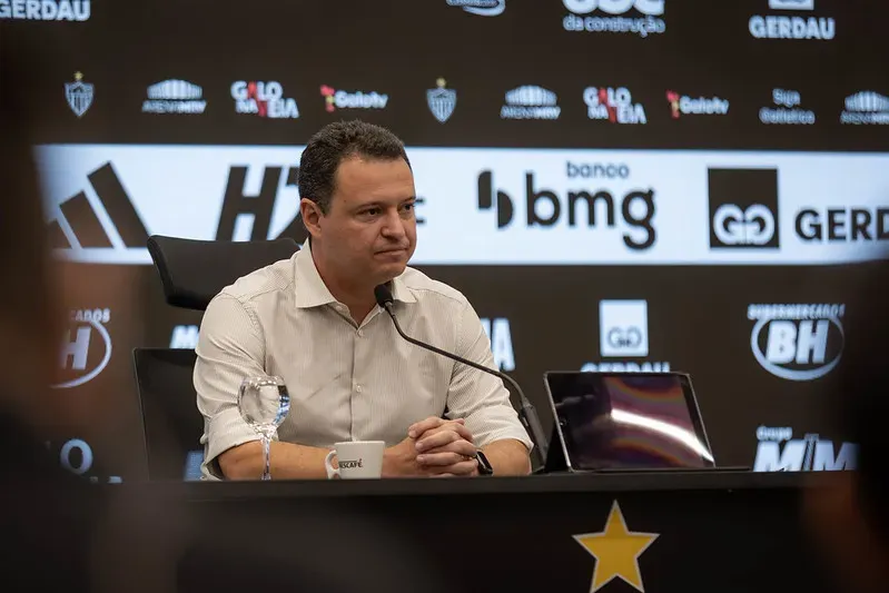 Acionista do Atlético Mineiro, Rafael Menin em entrevista coletiva. Foto: Pedro Souza / Atlético