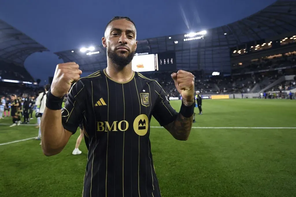 LOS ANGELES, CALIFORNIA – JUNE 08: Denis Bouanga #99 of Los Angeles FC celebrates after the game against Sporting Kansas City at BMO Stadium on June 08, 2025 in Los Angeles, California. Los Angeles won 3-1 (Photo by Orlando Ramirez/Getty Images)