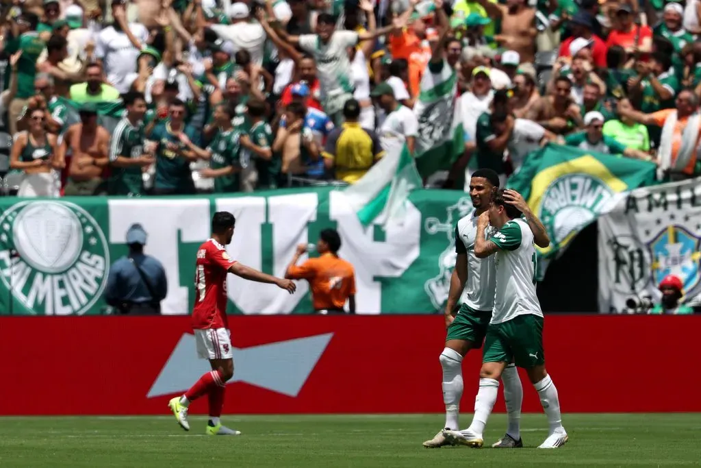 EAST RUTHERFORD, NEW JERSEY – JUNE 19: Murilo Cerqueira and Mauricio #18 of Palmeiras celebrate after Wessam Abou Ali #9 of Al Ahly FC (not pictured) scores a own goal and Palmeiras first during the FIFA Club World Cup 2025 group A match between SE Palmeiras and Al Ahly SC at MetLife Stadium on June 19, 2025 in East Rutherford, New Jersey. (Photo by Al Bello/Getty Images)