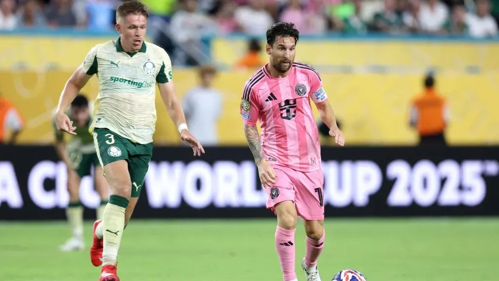MIAMI GARDENS, FLORIDA – JUNE 23: Lionel Messi #10 of Inter Miami CF is challenged by Bruno Fuchs #3 of Palmeiras during the FIFA Club World Cup 2025 group A match between Internacional CF Miami and SE Palmeiras at Hard Rock Stadium on June 23, 2025 in Miami Gardens, Florida. (Photo by Megan Briggs/Getty Images)