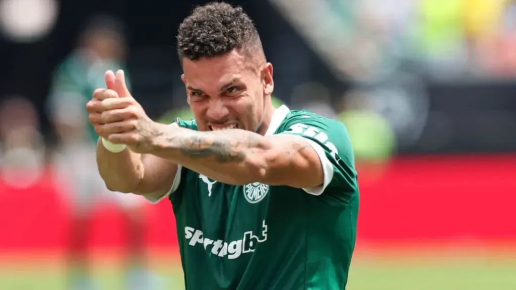 Paulinho comemorando o gol da vitória palestrina. Foto: Cesar Greco/Palmeiras