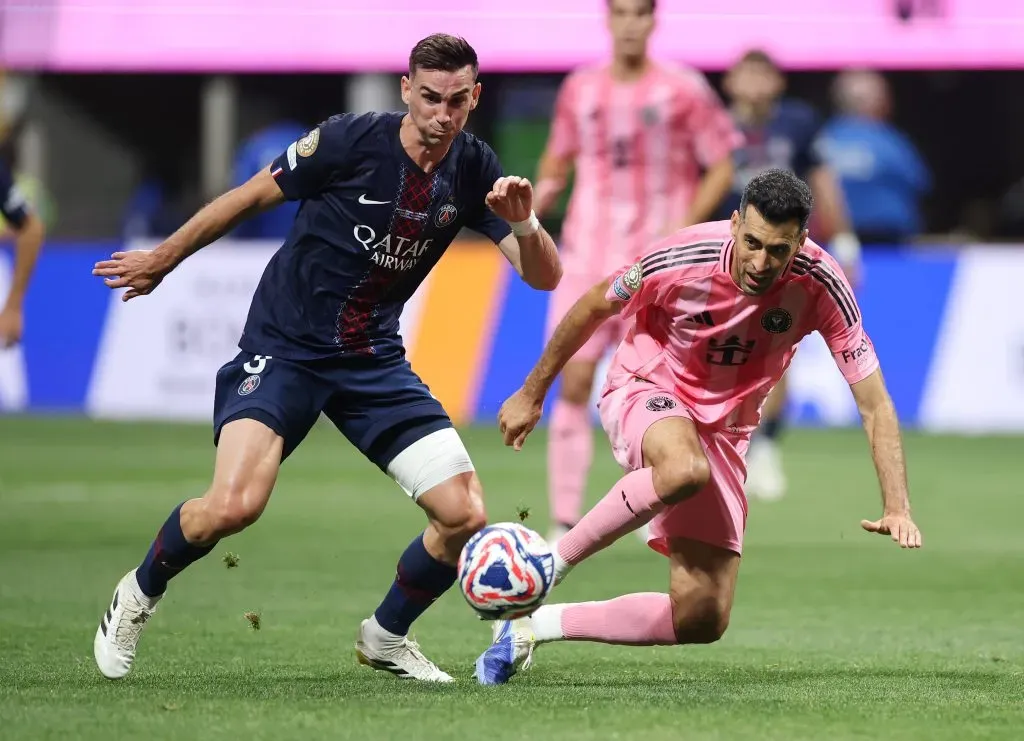 ATLANTA, GEORGIA – JUNE 29: Sergio Busquets #5 of Inter Miami CF is challenged by Fabian Ruiz #8 of Paris Saint-Germain during the FIFA Club World Cup 2025 round of 16 match between Paris Saint-Germain and Inter Miami CF at Mercedes-Benz Stadium on June 29, 2025 in Atlanta, Georgia. (Photo by Alex Grimm/Getty Images)