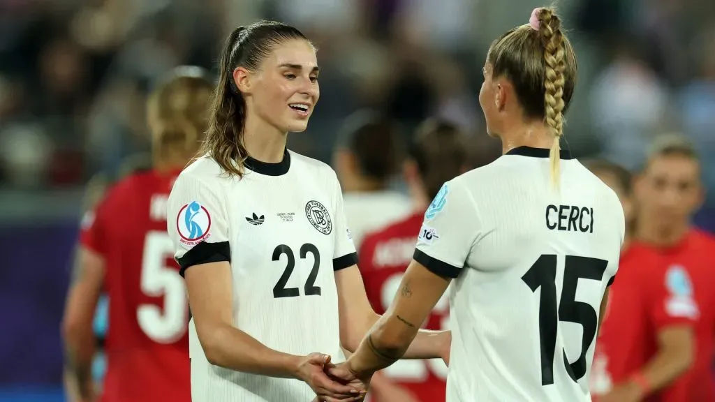 ST GALLEN, SWITZERLAND – JULY 04: Jule Brand and Selina Cerci of Germany celebrate the teams victory after the UEFA Women’s EURO 2025 Group C match between Germany and Poland at Arena St. Gallen on July 04, 2025 in St Gallen, Switzerland. (Photo by Alexander Hassenstein/Getty Images)