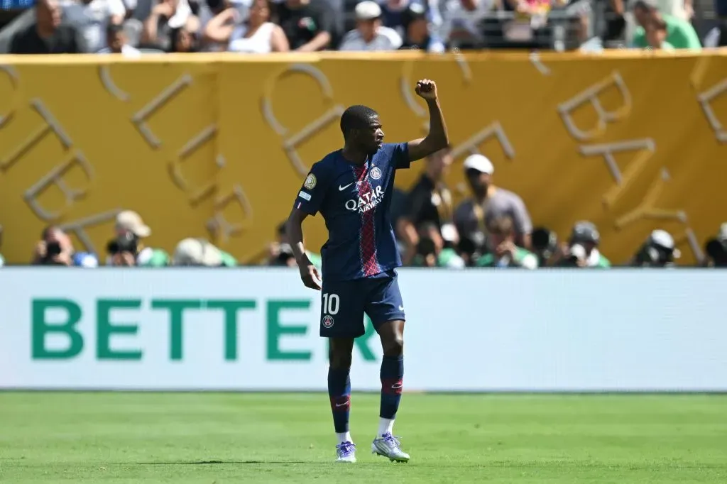 EAST RUTHERFORD, NEW JERSEY – JULY 09: Ousmane Dembele #10 of Paris Saint-Germain celebrates scoring his team’s second goal during the FIFA Club World Cup 2025 semi-final match between Paris Saint-Germain and Real Madrid CF at MetLife Stadium on July 09, 2025 in East Rutherford, New Jersey. (Photo by David Ramos/Getty Images)