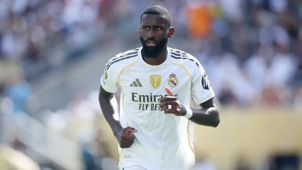 EAST RUTHERFORD, NEW JERSEY – JULY 09: Antonio Ruediger #22 of Real Madrid C. F. reacts during the FIFA Club World Cup 2025 semi-final match between Winner Game 59 and Winner Game 60 at MetLife Stadium on July 09, 2025 in East Rutherford, New Jersey. (Photo by Alex Grimm/Getty Images)
