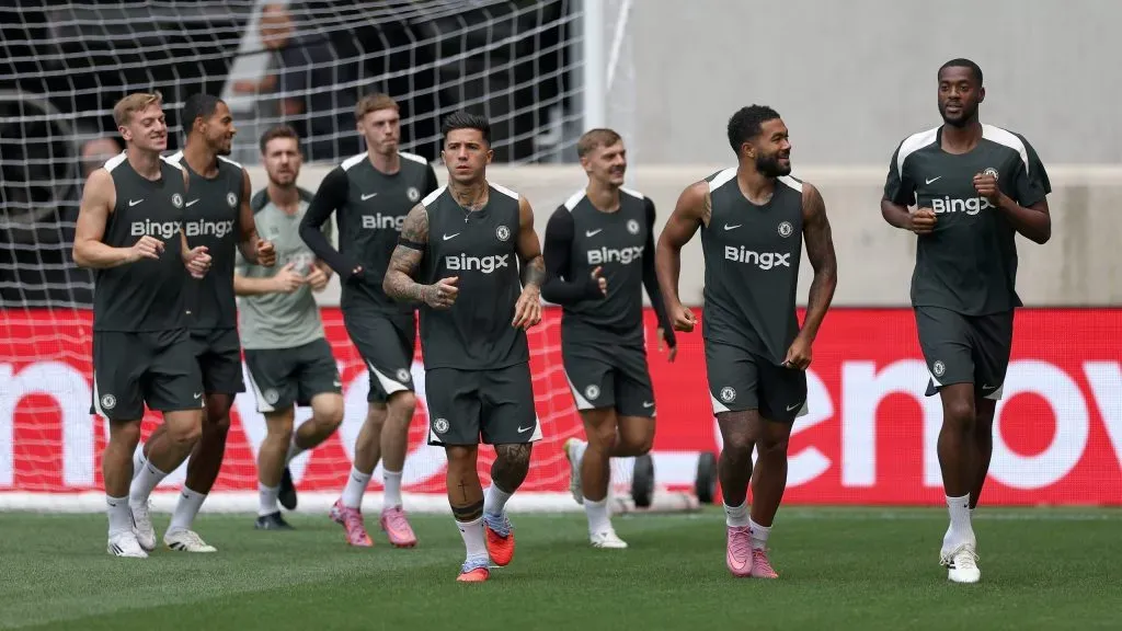 HARRISON, NEW JERSEY – JULY 11: Enzo Fernandez, Reece James and Tosin Adarabioyo #4 of Chelsea FC train during a Chelsea FC Training Session ahead of the FIFA Club World Cup 2025 Final between Chelsea FC and Paris Saint-Germain at The Stadium at Harrison on July 11, 2025 in Harrison, New Jersey. (Photo by Buda Mendes/Getty Images)
