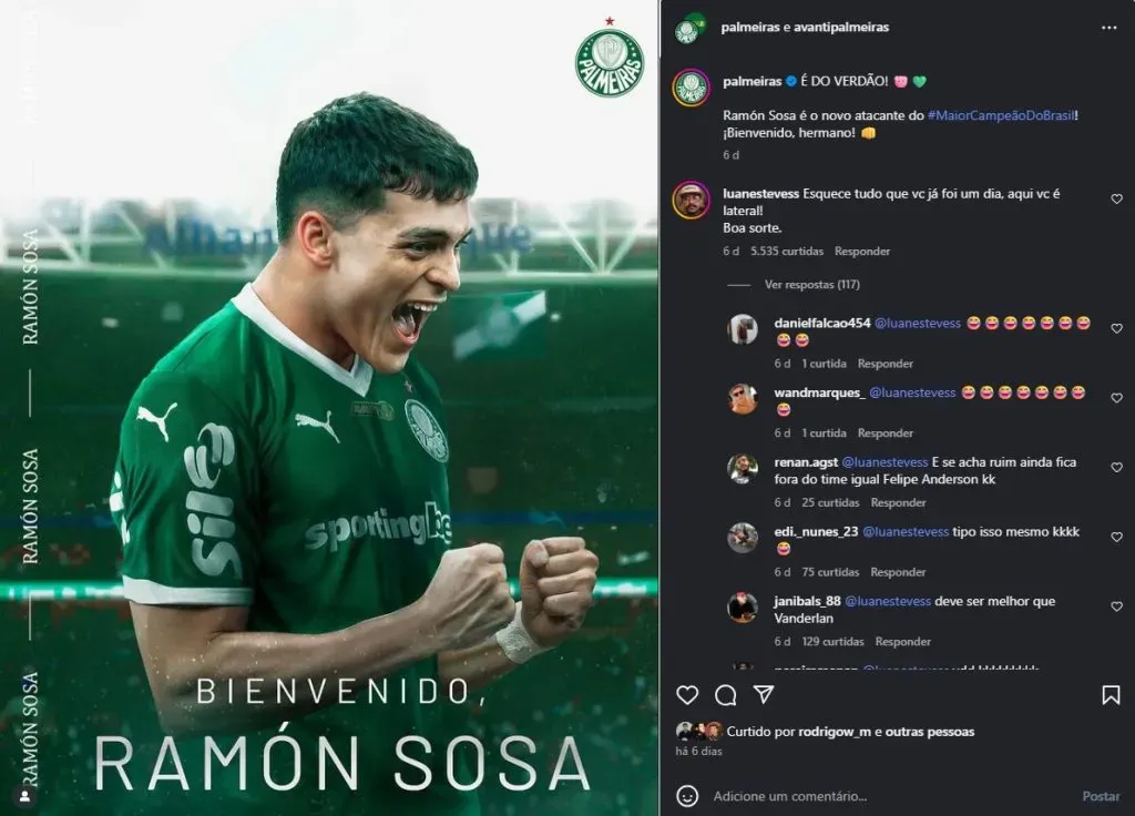 Print Instagram do Palmeiras- comentários do torcedores
