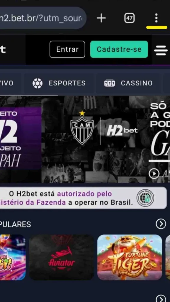 O site da H2bet é adaptável para telas menores, sendo ideal para dispositivos móveis | Crédito: Reprodução / H2bet
