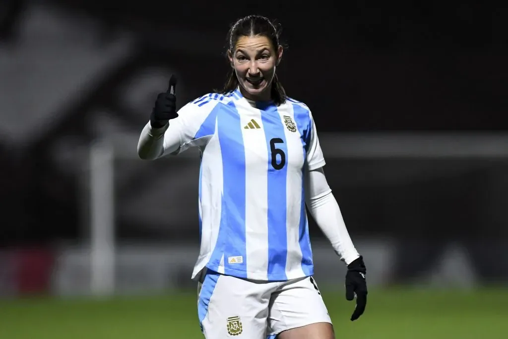 Aldana Cometti of Argentina gestures during a Women’s International Friendly between Argentina and Costa Rica at Estadio Ciudad de Vicente Lopez on June 3, 2024 in Vicente Lopez, Argentina. (Photo by Rodrigo Valle/Getty Images)