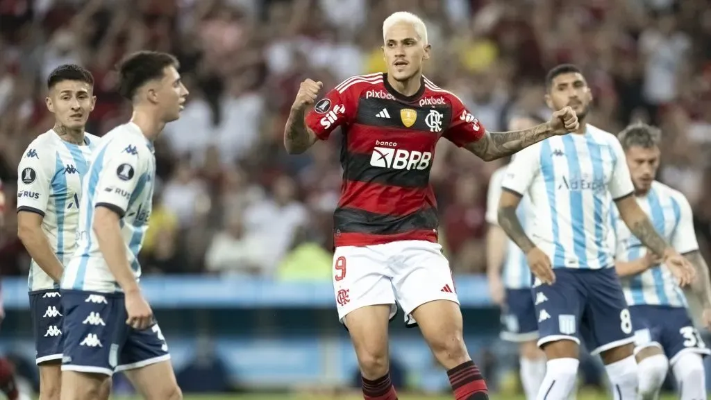 Pedro jogador do Flamengo comemora gol durante partida contra o Racing no estadio Maracana pelo campeonato Libertadores 2023. Foto: Jorge Rodrigues/AGIF
