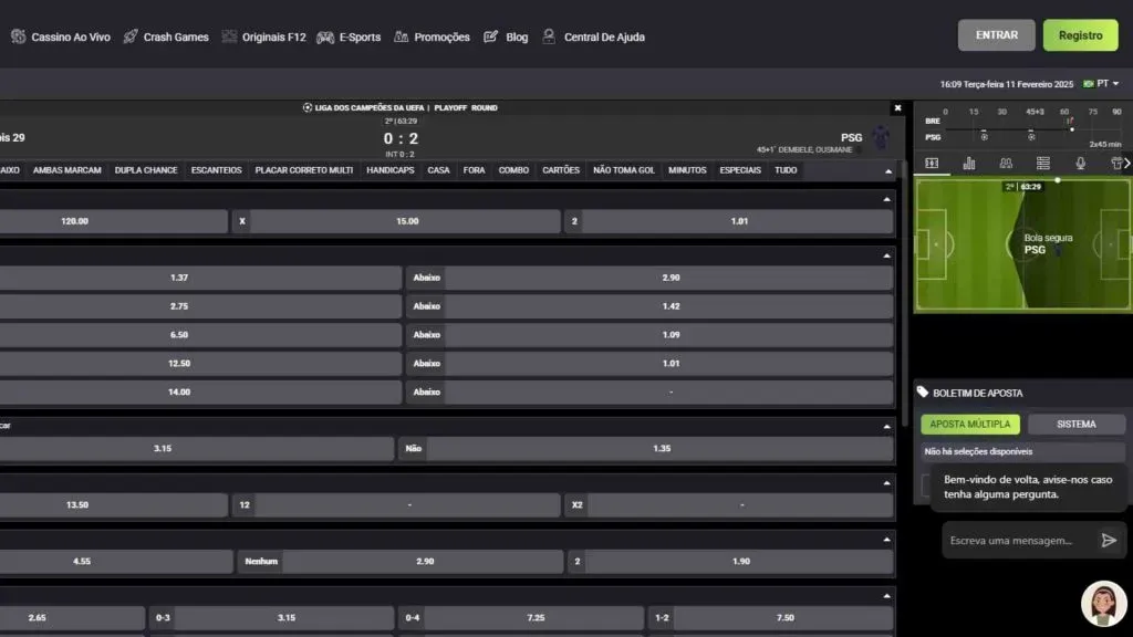 Captura de tela do site oficial da F12 bet mostrando os mercados de aposta ao vivo em um jogo específico